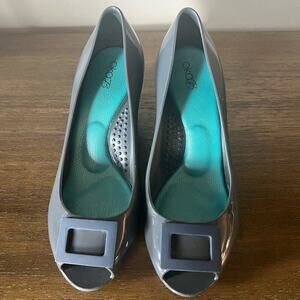 OKA B Gray Peep Toe Wedges Emery Shiny Comfort Jelly Heels Okabashi- Size 8